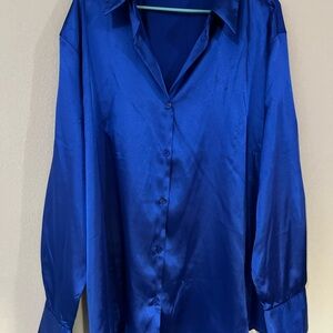 Fashion Nova Royal Blue Satin Button Down Shirt